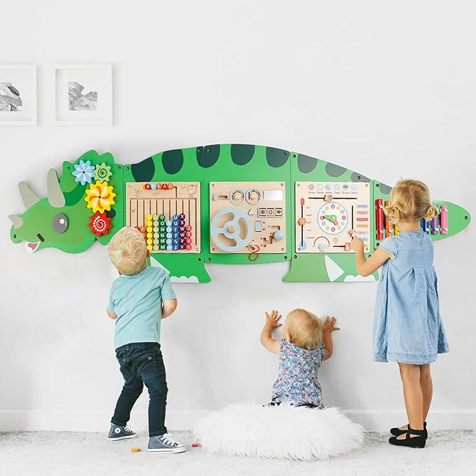 Montessori Busy Board Dinosaur Educational Toy, 4 Interchangeable Wooden Sensory Activity Board Wall Panel for Kids, Sensory Learning Toy for Boys and Girls Playroom, Toddler Room Decor