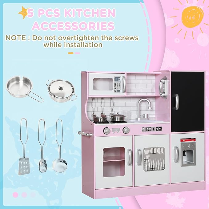 Qaba Play Kitchen, Kids Kitchen Playset Pretend Play Toy Kitchen with Play Phone, Chalkboard, Towel Rack, Ice Maker, 5 Accessories, Storage Space, Microwave & Sink, Gift for 3-8 Years, Pink