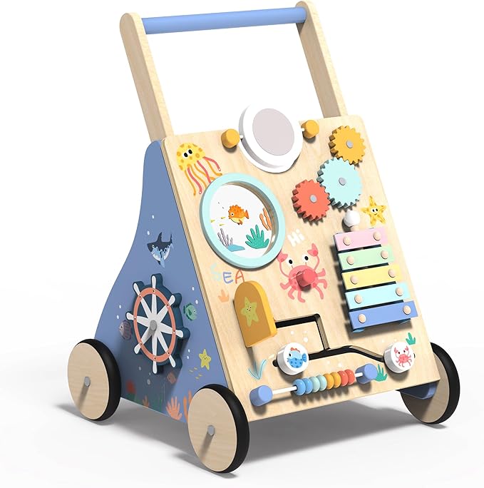Ocean-Themed Wooden Baby Walker with Activity Center, Montessori Push Walker Toy for Babies 18 Months, Safe First Steps Baby Walking Aid for Boys & Girls