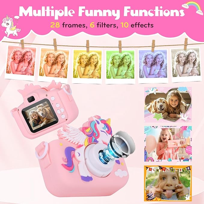 Kids Camera Unicorn Girl Toys, Digital Camera for Kids Age 3-8 Toddler Travel Toys, Birthday Gift for Girls 3 4 5 6 7 8 Year Old Christmas, HD 1080P Video Camera, 32G SD Card Included (Pink)