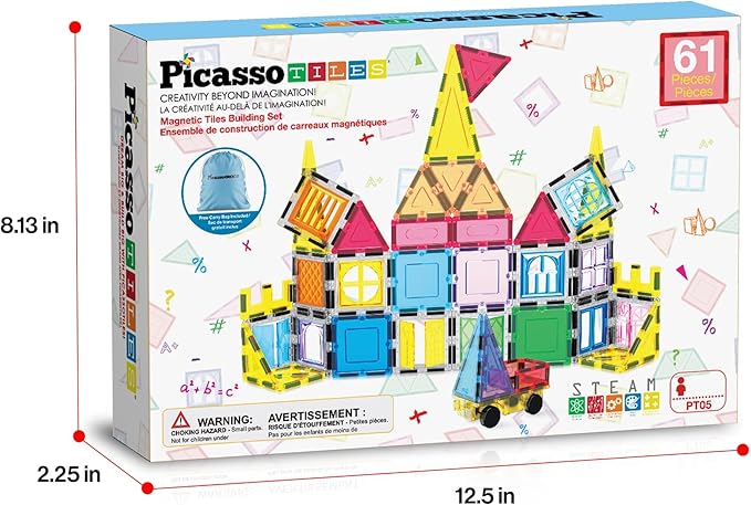 PicassoTiles Magnetic Tiles Toddler Toys Magnetic Building Blocks for Kids 61 Piece STEM Educational Toys for Girls & Boys Ages 3-12 Play for Preschool Learning Stocking Stuffer