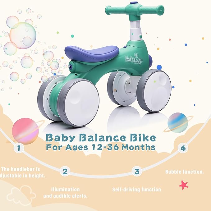 Baby Balance Bike 1 Year Old with Music, Lights, Bubble Machine, 4 Wheels Pedal-Less Toddler Ride on Toys for 12-36 Months Birthday Gift, Toddler boy Toys Ride on car （Green&Purple）