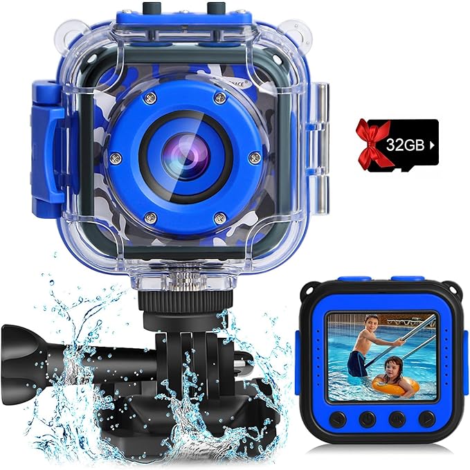 PROGRACE Kids Waterproof Camera - Birthday for 3-12 Year Old Boys 1080P HD Underwater Video Camera for Kids Pool Toys Toddler Digital Cameras with 32GB SD Card Blue