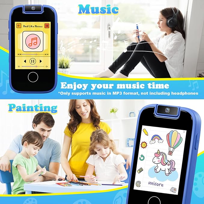 PTHTECHUS Kids Phone Toys for Girls Boys - Toddler Touchscreen MP3 Music Player with Dual Camera, Habit Tracker, Games, Alphabet, Educational Learning Toys Birthday Easter Gifts for 3-7 with SD Card