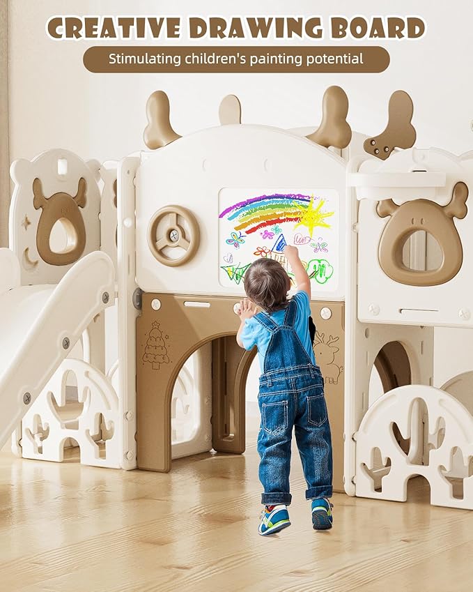 YUFU 13 in 1 Kids Slide for Toddlers, Toddler Slide Playset with Golf, Drawing Board, Climber, Basketball Hoop and Storage Space, Indoor Outdoor Toddler Playground for Kids Age 1-3 (Brown)