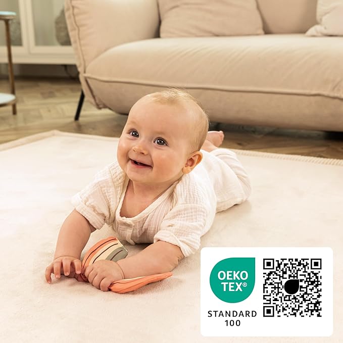 Stylish Coral Velvet Baby Play Mat for Floor 47" x 67" Beige – Soft 1" Thick High-Density Memory Foam Nursery Rug,Kids Rug with Non-Slip Backing for Crawling & Playing, Playroom Rug, Kids Carpet