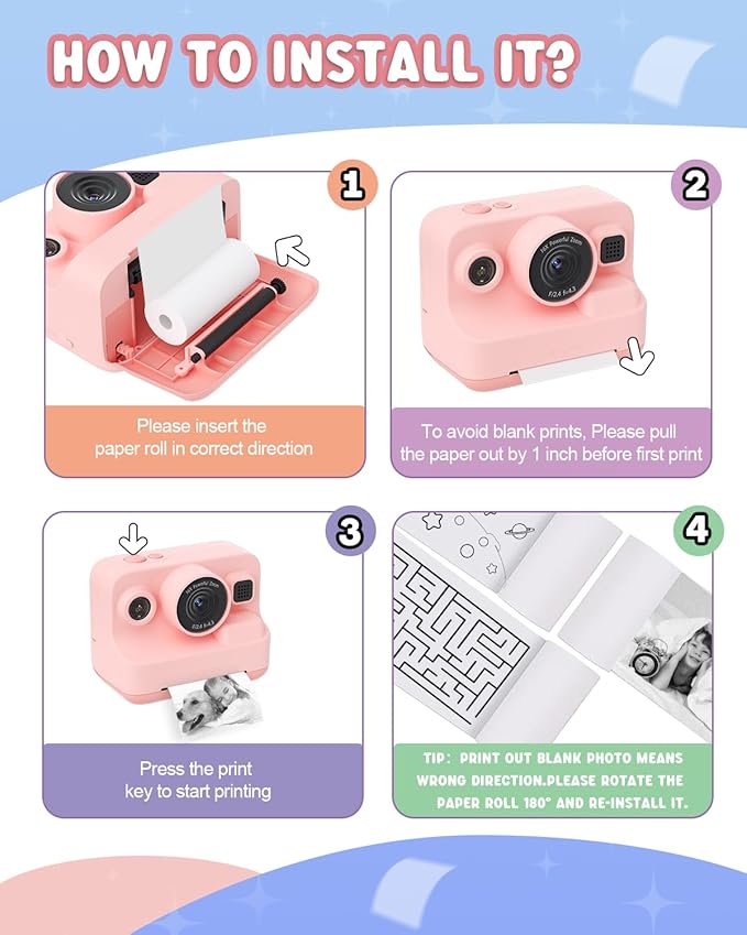 Kids Camera Instant Print,1080P Kids Instant Cameras That Print Photos,Christmas Birthday Gifts for Girls Age 3-12,Portable Toy for 3 4 5 6 7 8 9 10 Year Old Girls Boys Pink