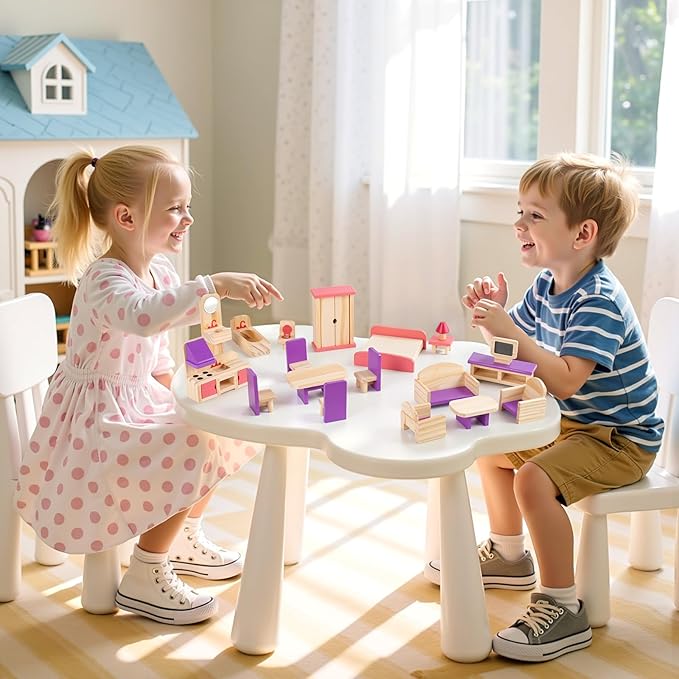 BABESIDE Wooden Dollhouse Furniture Set, 15 Pcs Dollhouse Accessories for 5 Rooms, Solid Wood Miniature Furniture Toys for 6'' Dolls, Pretend Play Gift for Kids Ages 3+ Girls Boys