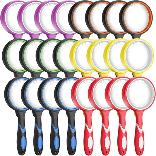 Leffis 24 Pack Magnifying Glass, 50mm 10X Glasses Lens Reading Magnifier for Kids and Seniors, Non-Slip Handheld Magnifying Glass for Close Work, Nature Exploration