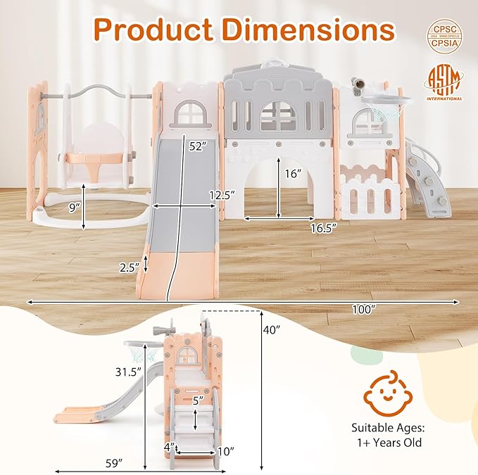 Costzon 10 in 1 Toddler Swing and Slide Set, Kids Slide and Climber Playset w/Aisle, Peek-a-Boo Window & Storage Space, Baby Indoor Playground for Aged 1+ (Pink,100" × 59" × 40")