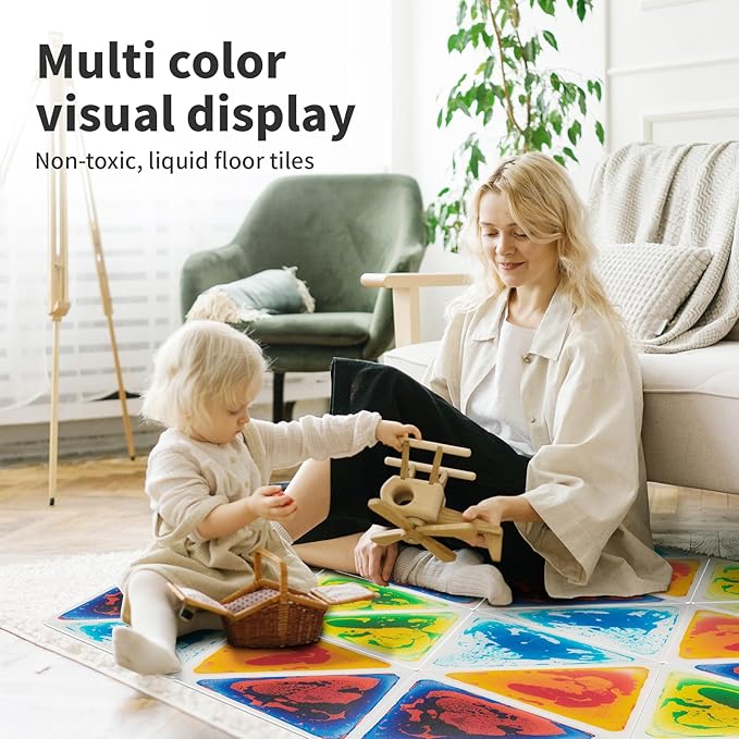 Art3d 4-Pack Triangle Liquid Sensory Floor Tiles, Colorful Liquid Fusion Play Mats for Kids Toddler, 15" x 15"