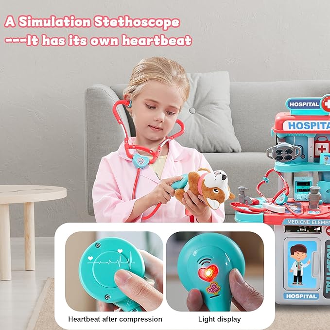 Doctor Kit for Kids 3-5, Toddler Play Set with Rolling Cart, Costume, and Stethoscope, Role Play Kids Doctors Set Educational Birthday Gift for Girls(Pink)