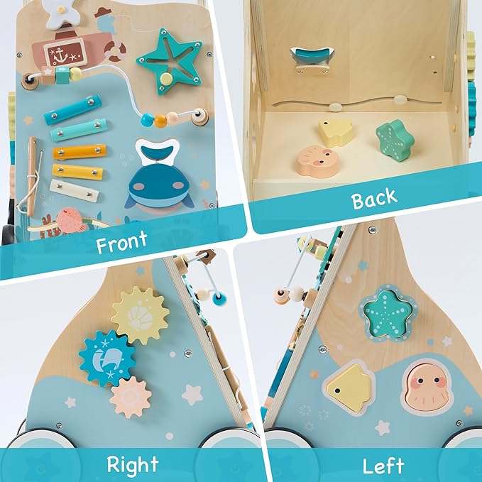 ROBUD Wooden Baby Walker, Montessori Walker Toy, Baby Push Walker with Brake, Activity Center, Adjustable Height Handle, Push Toys for Boys and Girls Learning to Stand and Walk, Ages 10m+