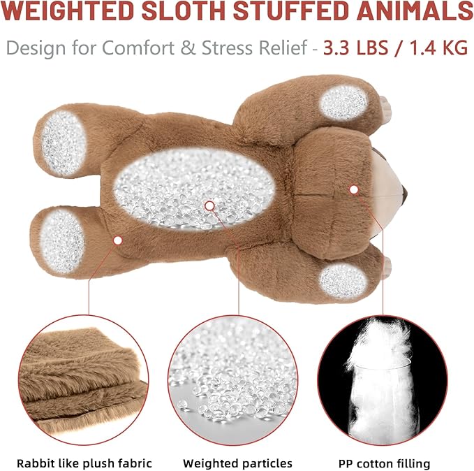 Niuniu Daddy Weighted Sloth Stuffed Animals for Anxiety, Large Plush Animal Pillow Kids Adults, 20in Cute Plushies Toy as Gifts Presents Christmas Birthday, Brown, SET-Above 3lb