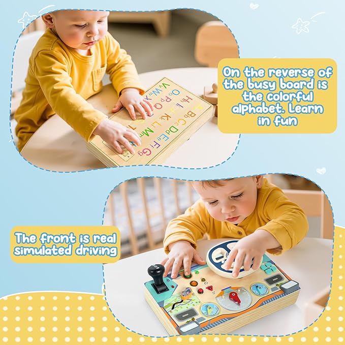 Busy Board Montessori Toys for 1 2 3 Year Old, Wooden Toddler Sensory Toy Busy Board with LED Lights Sound Switch, Toddlers Activity Travel Toy, Steering Wheel Toddler Toys Christmas Gift for Boy Girl