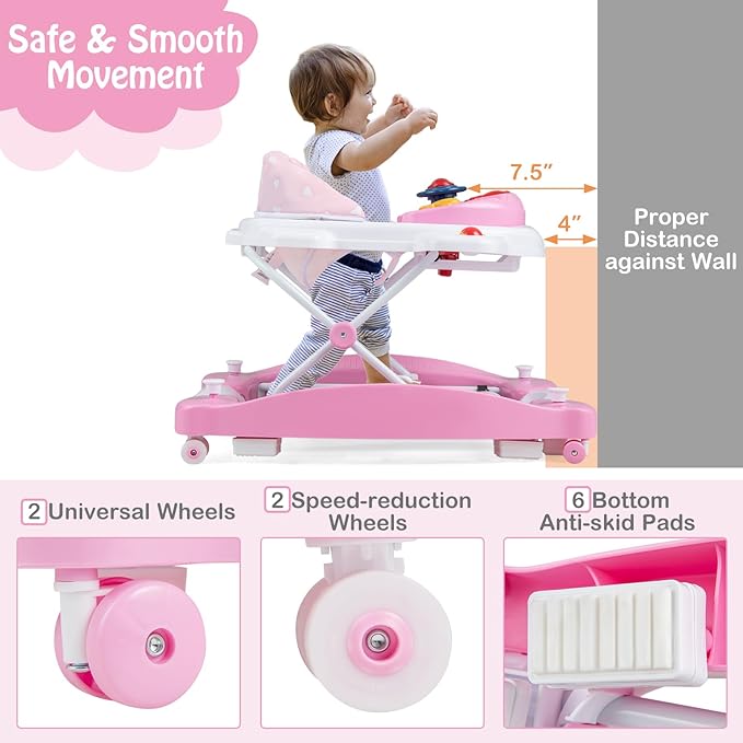 HONEY JOY Baby Walker, 6-in-1 Foldable Baby Walker and Bouncer Combo, Infant Activity Walker with Wheels, Adjustable Heights, Rocker, Music, Lights, Walker for Baby Boy Girl 7-14 Months