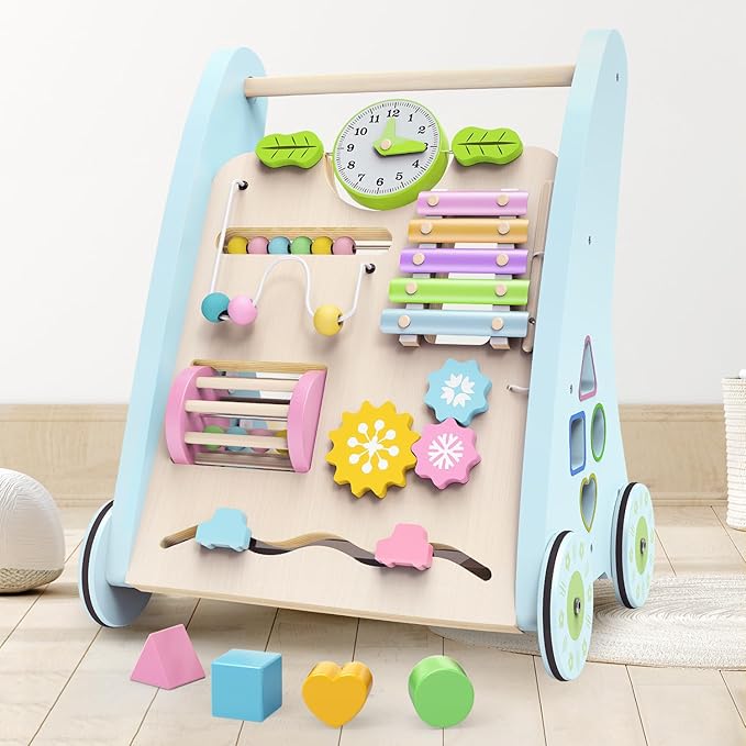 Wooden Baby Walker,Adjustable Speed Push Walker with Wheels and Learning Activity Center,Montessori Walker for Babies 12 Months,Baby Walker Push Toys for Baby Boys and Girls Gifts (Blue)