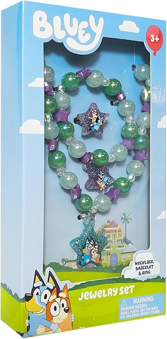 LUV HER Bluey Girl's Jewelry Set - Dress up Toy Jewelry Box Set with Bead Necklace, Bracelet and Ring - Play Accessories - Ages 3+