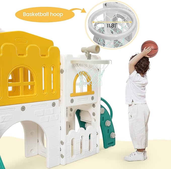 GAOMON 8 in 1 Toddler Slide Indoor Playground, Indoor Slide Toddler Playset for Toddlers 1-3, Kids Outdoor Playground with Slide, Basketball Hoop, Climber, Crawling Tunnel, Telescope, Toy Storage