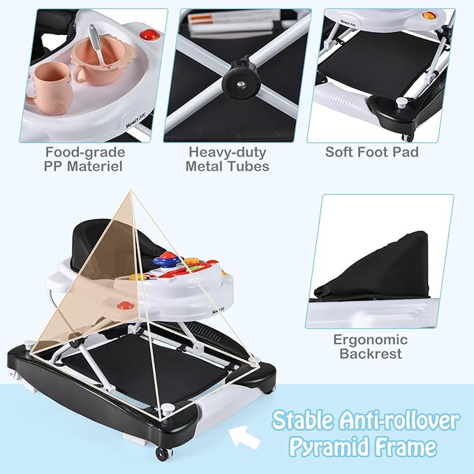 HONEY JOY Baby Walker, 6-in-1 Foldable Baby Walker and Bouncer Combo, Infant Activity Walker with Wheels, Adjustable Heights, Rocker, Music, Lights, Walker for Baby Boy Girl 7-14 Months (Black)