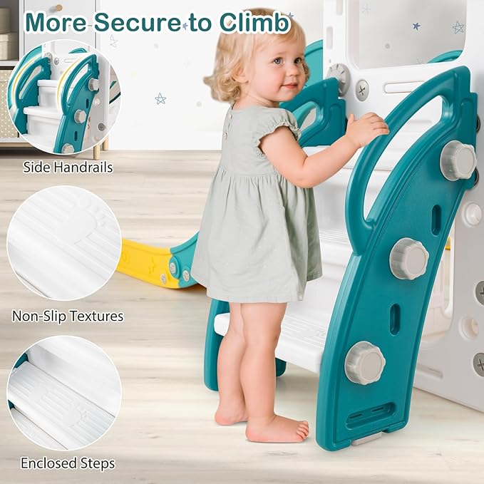 Costzon 10 in 1 Toddler Swing and Slide Set, Double Kids Slide and Climber Playset w/Aisle, Peek-a-Boo Window & Storage Space, Baby Indoor Playground for Aged 1+ (Yellow-2 Slides,100" × 59" × 40")