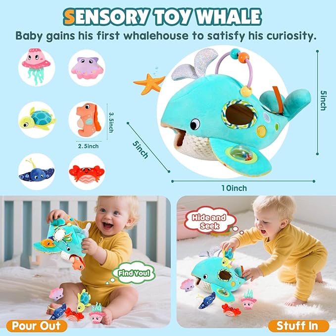 FREYBLI Baby Toys 6-12 Months - Soft Ocean Adventure Toy with Rattle, Crinkle Paper, Squeaker, Mirror - Baby Sensory Montessori Toys for 6 Month Old Developmental, 1 Year Old Boy Girl Gifts Toys