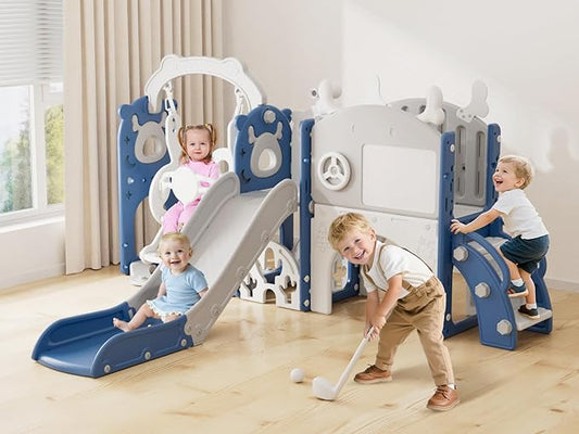 YUFU 13 in 1 Toddler Slide and Swing Set, Kids Slide for Toddlers Age 1-3, Toddler Playset with Golf Set, Basketball Hoop and Drawing Board, Outdoor Indoor Playground (Blue)