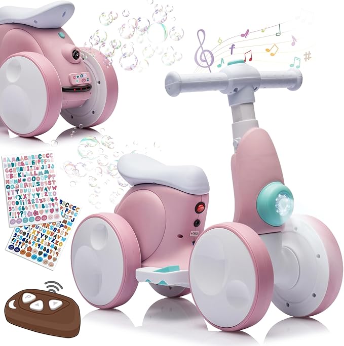Electric Baby Balance Bike with Bubble Machine for 1 Year Old Boys Girls 4 in 1 Toddler Balance Bike 12-48 Month Kids Bubble Bike Ride Toys First Birthday Gift with Powered Motor,Music,LED Lights