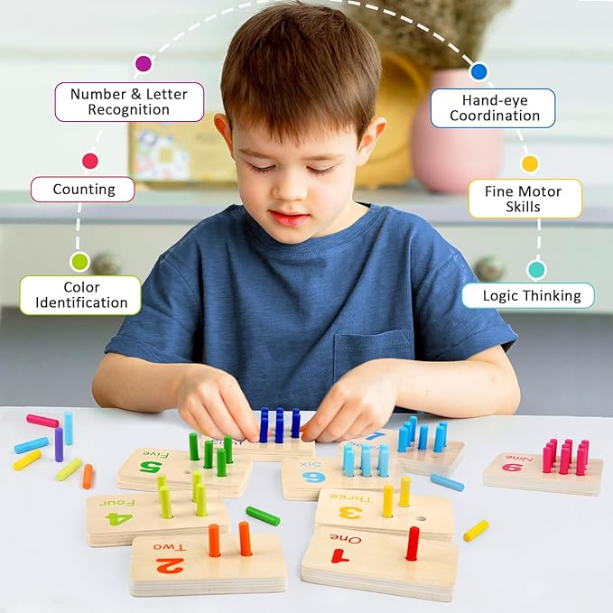 Wooden Counting Numbers Peg Board for Kids, Montessori Math Toy for Toddlers, Math Manipulatives Preschool Early Learning Educational Materials for Kids 3 4 5 6 7