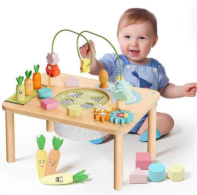 wingyz Activity Table, 6 in 1 Wooden Montessori Activity Center with Bead Maze Shape Sorter Fishing Game, Kids Sensory Play Table Toddler Toys 1st Birthday Gifts Boy Girl(Morandi-Square)