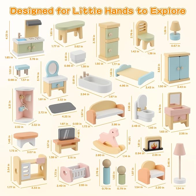 35PCS Wooden Dollhouse Furniture Set with Dolls for 5 Rooms Kits, Doll House Accessories Furniture Toys for Toddlers, Pretend Play Toys Christmas Birthday Gift for Girls and Boys, 3+