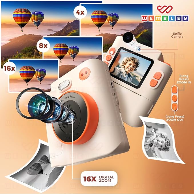Wembley Kids Instant Print Camera with Dual Lens, 48MP, 1080P HD, 2.4" IPS Screen, 16X Zoom, 32GB SD Card, Thermal Printing, 6 Pens, 4 Rolls, USB Type-C, for Girls & Boys- Cream