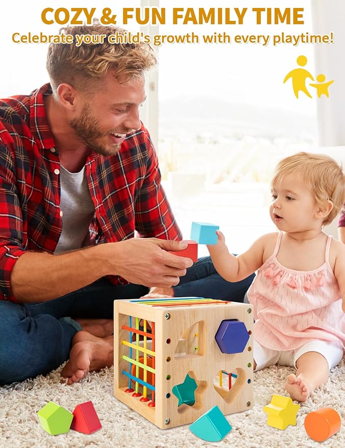 Montessori Toy for Toddlers, Shape Sorter for Babies, Wooden Shape Sorting Cube with 8 Rattling Blocks Baby Toys, Educational Learning Toy, Best Gift for Your Babies Boys Girls