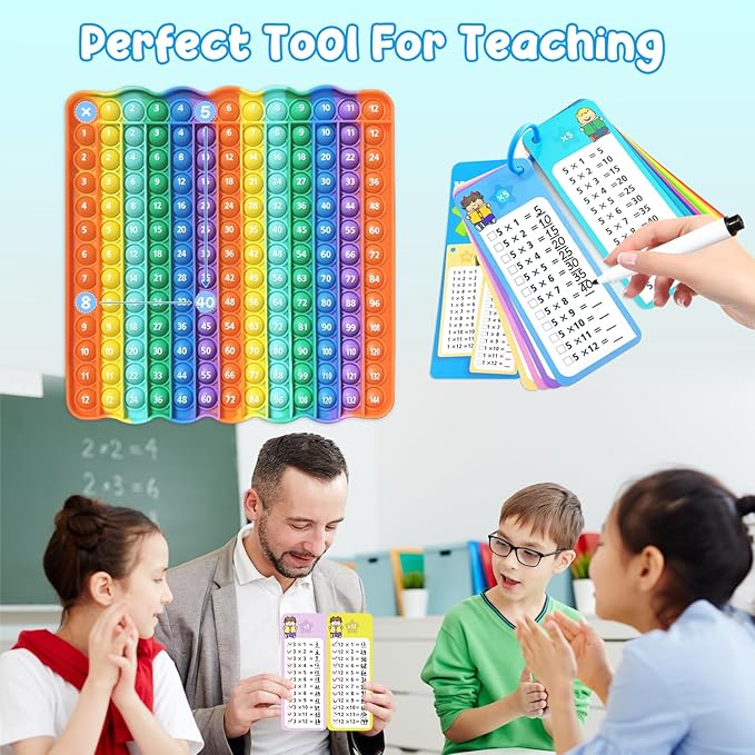 Multiplication Flash Cards + Pop Fidget Multiplication Chart, Times Table Educational Flashcard 3rd Grade, 4th, 5th, 6th Grade