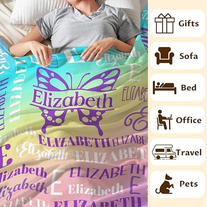 Kids Blanket for Girls 3-5, Custom Butterfly Gifts for Adults Teens Women, Personalized with Name Soft Warm Comfy Lightweight Monogram Butterfly Accessories Blankets for Travel Camp Home Living Room