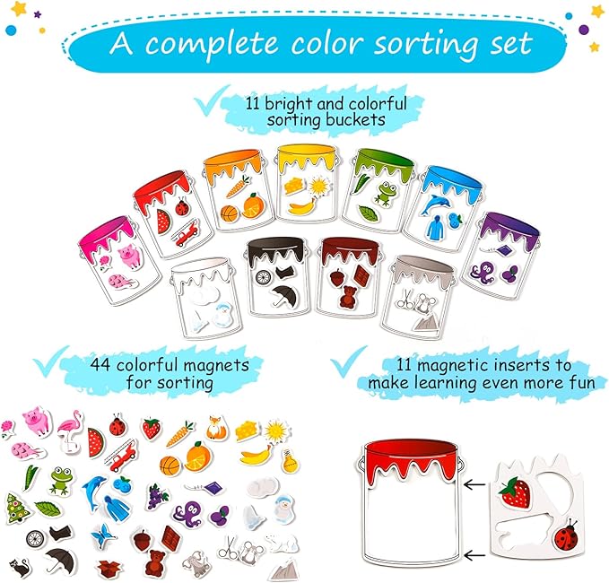 Simply magic 11 Jars Magnetic Color Sorting Set - Color Sorting Toys for Toddlers, Magnetic Shapes, Learning Colors Recognition Magnets, Colors Matching Games for Toddlers, Preschool Circle Time