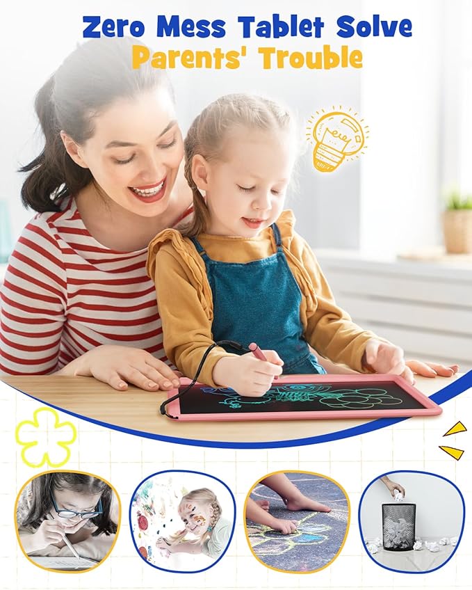 ORSEN LCD Writing Tablet 12 Inch, Colorful Doodle Board Drawing Tablet, Erasable Reusable Writing Pad, Educational for 3-8 Year Old Girls Boys(Pink)