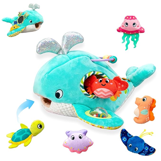 brenzo - Wobble The Whale & Ocean Friends Plush Set | 7-Piece Montessori Sensory Toys for Babies 0-3 | Tummy Time Companions with Rattle, Mirror, Crinkle & Squeaker | Ideal Newborn Toddler Gift