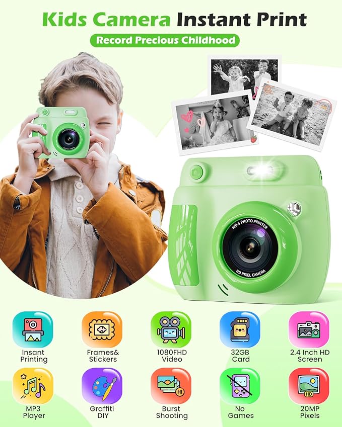 Kids Camera Instant Print - Christmas Birthday Gifts for Girls Boys Age 3-12, 1080P Video Digital Camera with 3 Rolls Printing Paper, Toddler Travel Toy Camera for 4 5 6 7 8 9 10 11 Year Old - Green