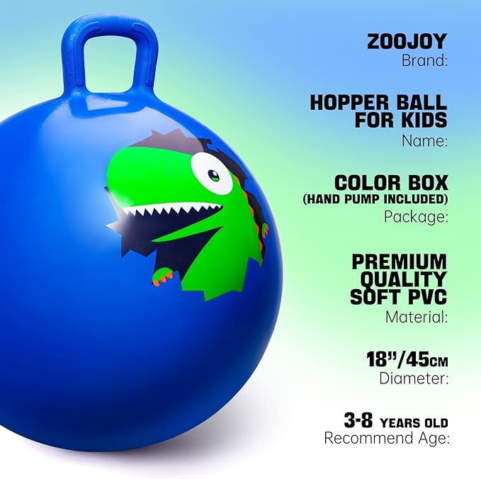 ZOOJOY Hopper Ball, Hopping Toys for Kids, 18inch Bouncy Ball with Handle for Boys Girls Aged 3-8, Inflatable Dinosaur Bounce Hopper Toy with Pump