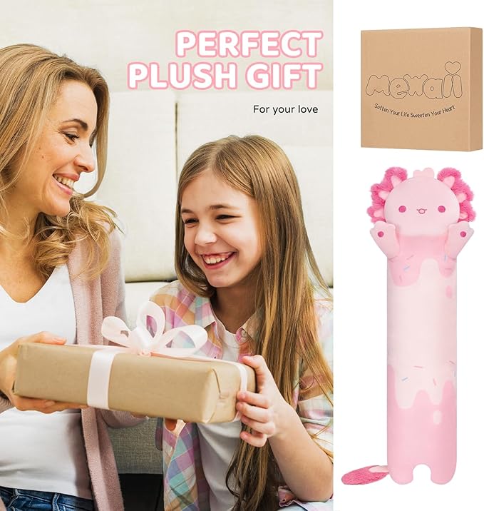 Mewaii Long Axolotl Plush 5 Sizes, 120% Extra Filling Giant Plushness Kids Body Pillow, Kawaii Cute Pink Axolotl Stuffed Animals Plushies, Big Long Body Pillow Cat Plush Gift for Girls 44”