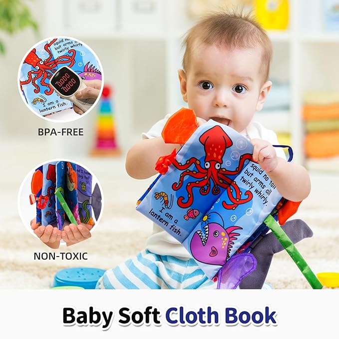 Jollybaby Baby Cloth Books, Touch & Feel Crinkle Soft Books, for Infants Babies, Toddler Early Educational Interactive Stroller Toys, Baby Girl & Boy Gift(Ocean Tails)