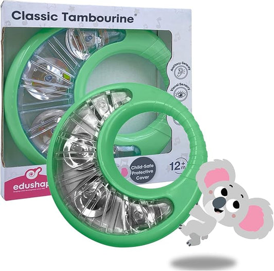 Edushape Classic Tambourine for Kids, Green - Percussion Musical Instrument Baby Tambourine for Toddlers 1-3, Kids Tambourine Fun Tummy Time, Fine Motor, Auditory and Visual Sensory Development