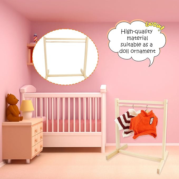 26 Pcs Wood Doll Garment Rack with Wooden Clothes Hanger Mini Wooden Girl Doll Clothes Hanger Organizer Storage Shelf for 18 Inch Girl Doll Clothes Baby Dollhouse (Color Set 1)