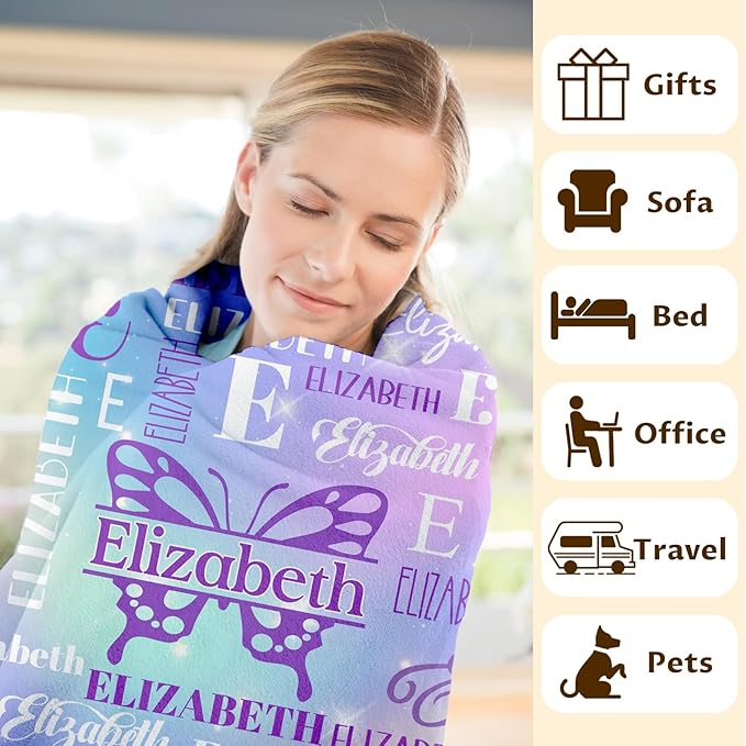 Butterfly Gifts, Personalized Girls Throw Blanket with Name for Kids 4-6, Custom Monogram Blankets for Daughter Niece Toddler, Butterfly Stuff Themed Throws for Cars Travel Camping Party Decor