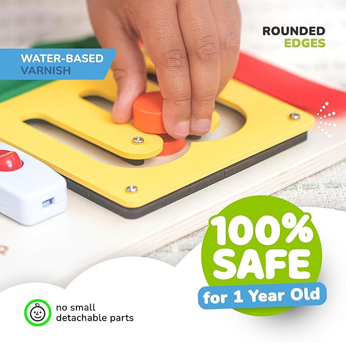 deMoca Sensory Busy Board for Toddlers, Premium Wooden Toddler Busy Board for 1 2 3 Year Old with 10 Educational Activities for Fine Motor Skills, Fidget Activity Toy for Travel Toy