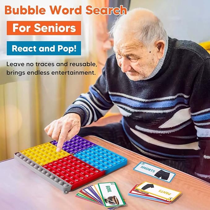 Dementia Word Search Activities for Seniors, Multi-Sensory Brain Training Games for Adults, w/Bubble Board + Word & Proverb Cards, Supporting Memory and Focus, Gifts for Elderly Women & Men