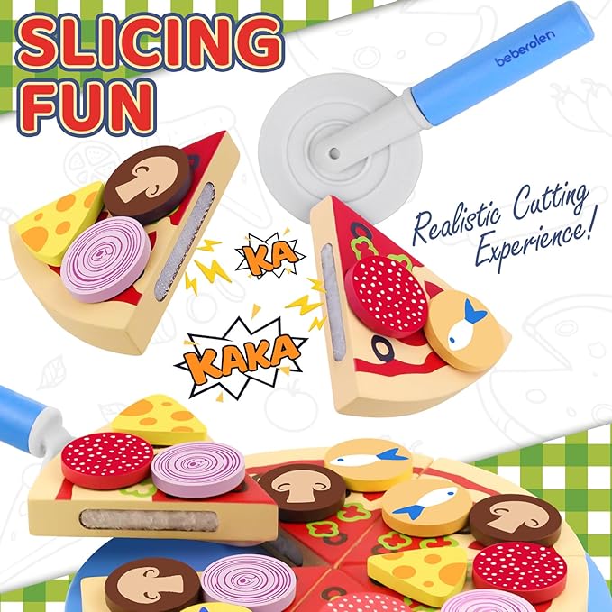 Wooden Pizza Play Food Set - 24 Pcs Cutting Toys, Pretend Play Kitchen Accessories for 3-5 Year Old Toddlers Boys & Girls