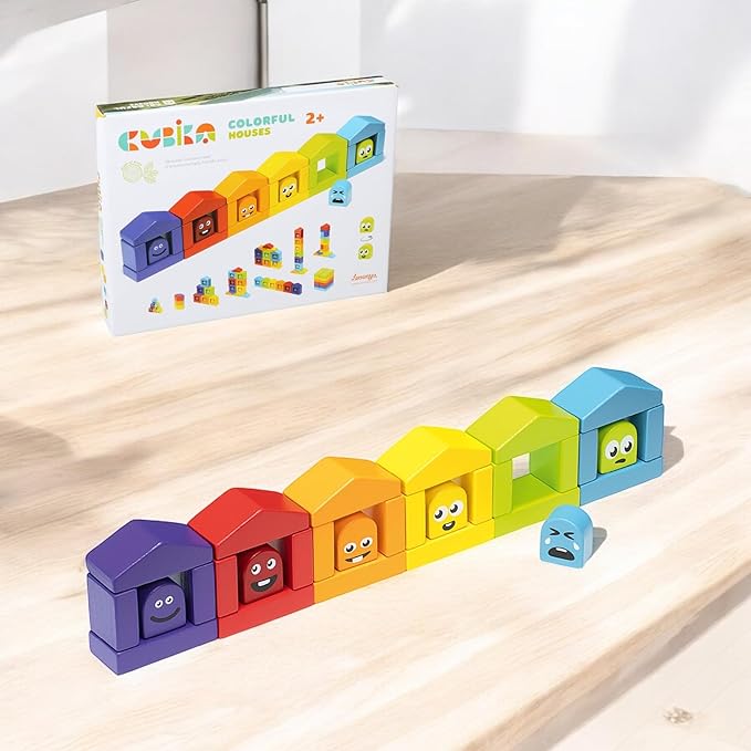 CUBIKA Wooden Construction Set Colorful Houses – 24-Piece Construction Play Set with Emotion Characters for Toddlers 2+– Montessori Toy for Creativity, Cognitive Development, and Emotion Recognition