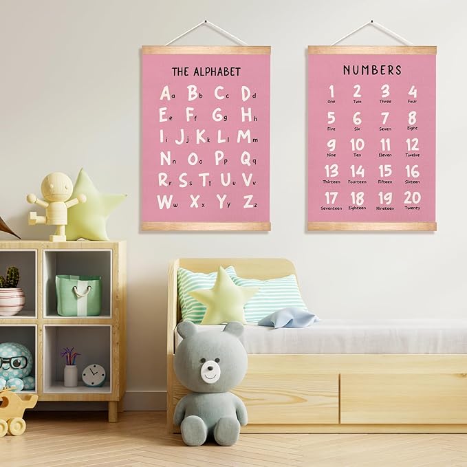 HEYJEEPER Kids Alphabet and Numbers Learning Posters Set of 2,18.5x14 Inch Linen&Canvas Educational Wall Art with Wood Hanger, ABC 1-20 Chart for Toddlers Classroom Nursery Playroom Decor(Pink)